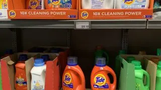 Laundry detergents on a shelf
