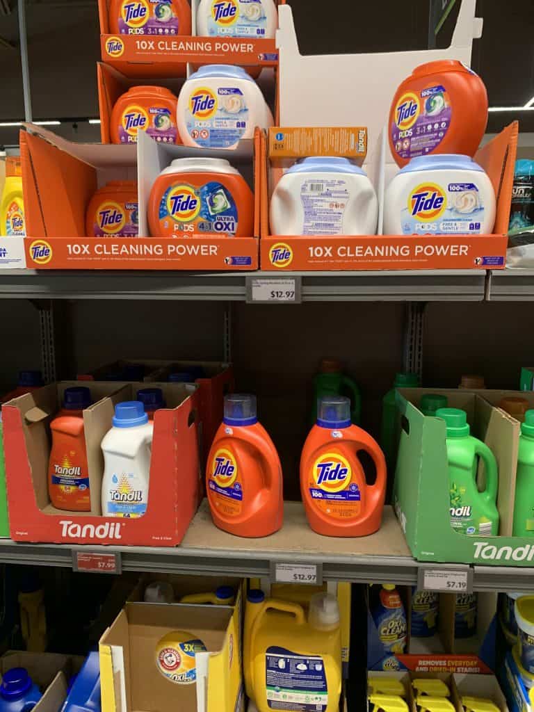 Laundry detergents on a shelf