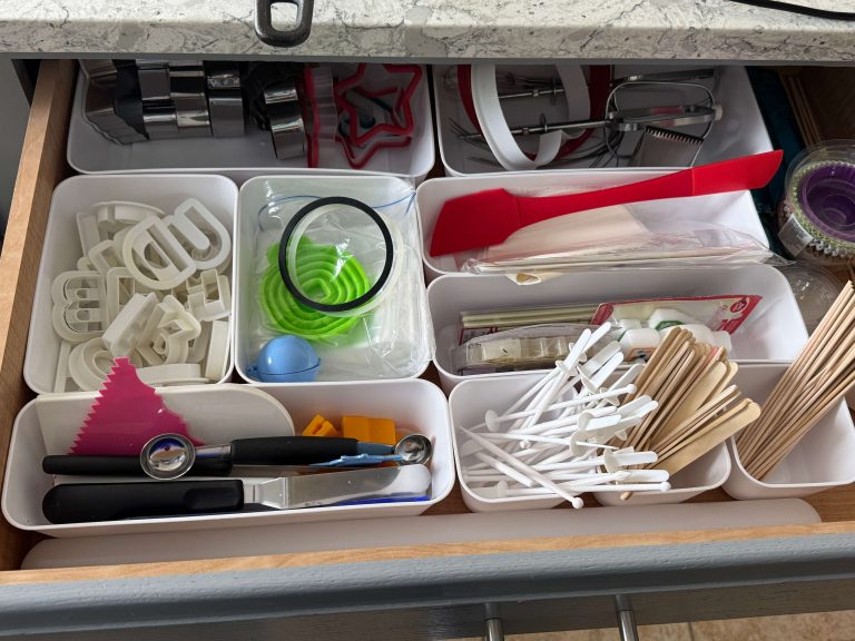 baking supplies in drawer organizers