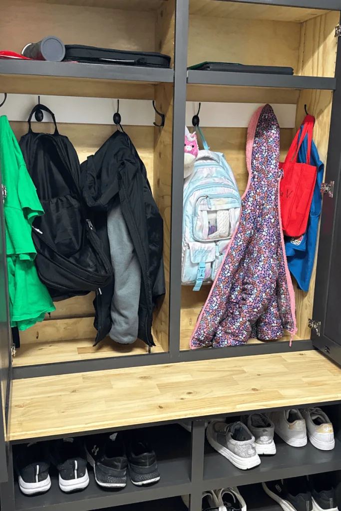 Mudroom lockers with coats and kids gear