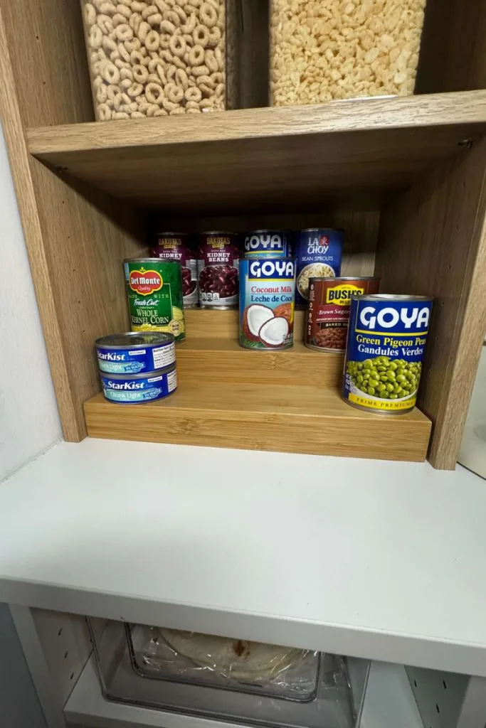 Canned food organizer made our of bamboo